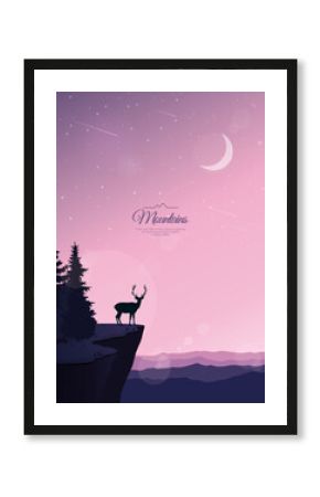 One deer is standing on a rock. View of the mountain peaks. Evening twilight, sunset, starry sky and moon. The wild nature. Vector illustration.