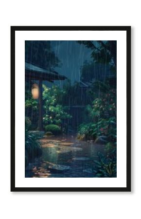 Anime-style illustration of a garden path with lush foliage on a dark rainy day
