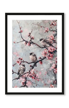 An oil painting, Chinese cherry blossom bird painting, oil art