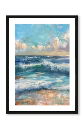 illustration oil painting sea waves, seascape, buggy blue sea