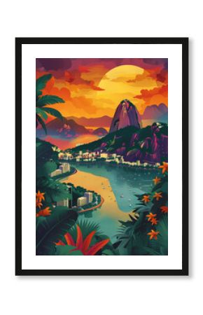Vibrant Artistic Cityscape of Rio de Janeiro with Palm Trees, Landscapes, and Mountains