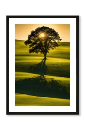 Bright sunlight over serene landscape, minimalistic scenery with single tree