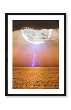 Lightning coming from the moon to the earth - Night sky with full moon and lightning in the clouds on the fore ground calm  sea wave 