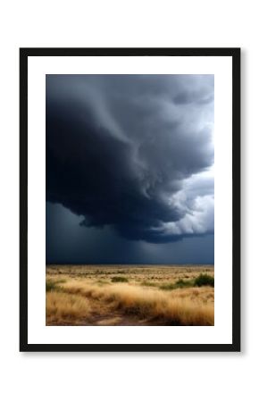 Dark storm clouds gather over a vast prairie landscape