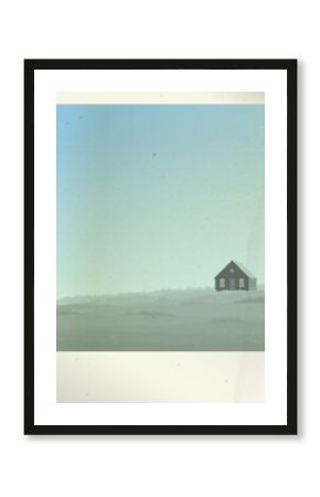 Old photograph paper of minimalist countryside landscape with log cabin in grass field graphic illustration have blank space.