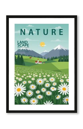 Spring daisies landscape. Mountains, trees, plants, fields. Vector illustration.