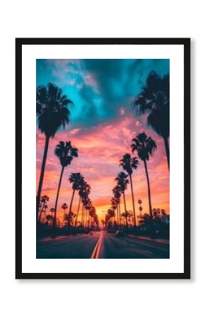 Vibrant Sunset Over Palm-Lined Street: A Colorful Evening in California's Urban Landscape