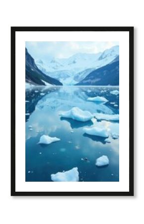 Glacial ice shards scattered across a frozen lake, icy, frozen, blue
