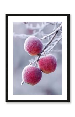 Close up of icy red apples on frost covered branch amidst a serene winter landscape