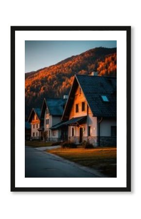 Row of houses, bathed in warm light, with mountain backdrop