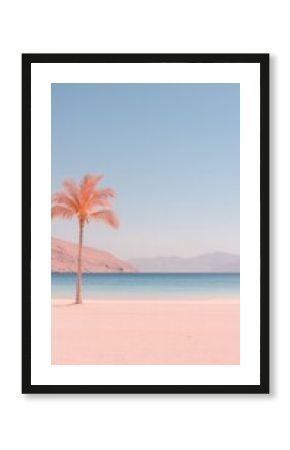 Lone Palm Tree on Pink Sand Beach with Clear Blue Ocean and Sky
