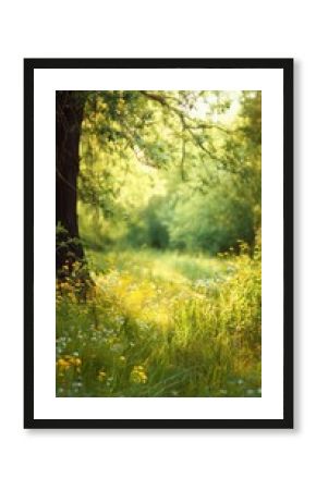 Beautiful spring nature background with green trees, grass, and flowers in the sunlight