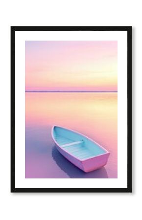 Pastel Pink and Blue Boat at Sunset on Calm Ocean