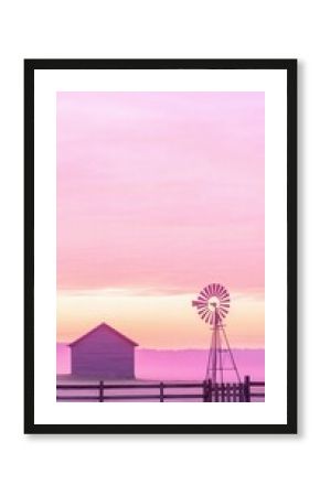 Pink Sunrise Over Rural Landscape with Windmill and Barn