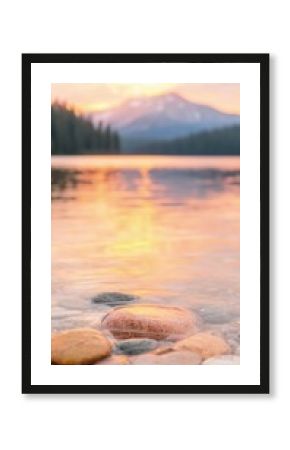 Serene Sunset Over Lake With Rocks and Mountain