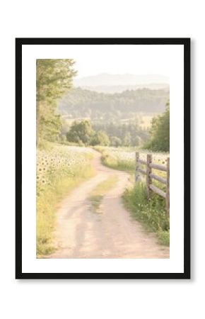 Sunlit Path Through a Daisy Field and Rolling Hills