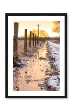 Sunset over a Muddy Rural Path in Winter