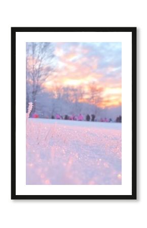 Frosted Field at Dawn: Pink and Orange Sunrise over Snowy Landscape