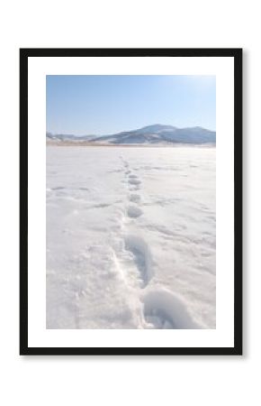 Footprints in Pristine Snow Leading to Distant Mountains Under a Bright Blue Sky