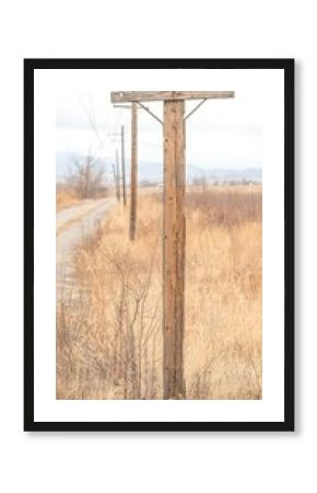 Weathered Wooden Utility Pole in a Rural Landscape