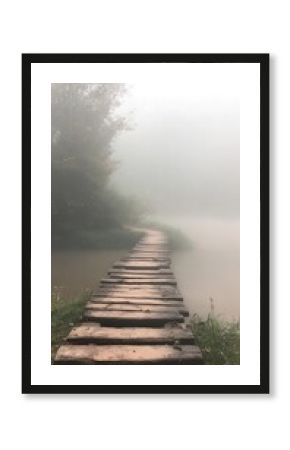 Misty Morning Path: Wooden Bridge Leading to a Foggy Lake