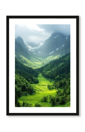 Green valley with trees and mountains under cloudy sky.