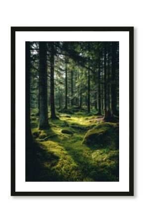Enchanting forest floor with vibrant moss and towering trees bathed in ethereal sunlight creating a serene and tranquil atmosphere in a lush woodland