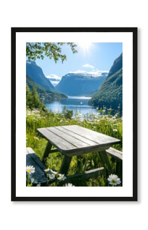 Sunny fjord vista  picnic table amidst daisies