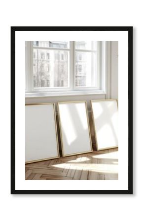 Three Gold Framed Empty Picture Frames on a Wooden Floor in a Bright Room