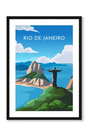 Travel destination poster. Beautiful natural landscape of Rio de Janeiro, Brazil. Scenery with mountains, famous Christ Redeemer statue and ocean. Tourism and journey. Cartoon flat vector illustration