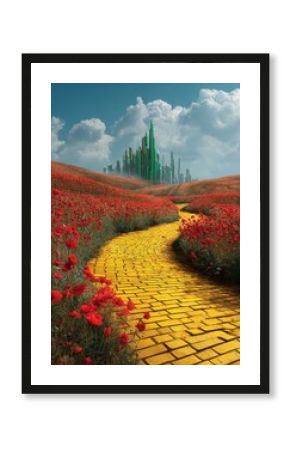 A stunning image of stunning image of stunning image of yellow brick road leading through poppy field to green emerald city in the distance. Wizard of Oz concept.