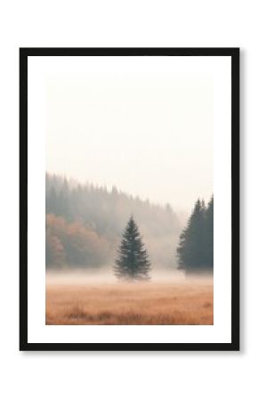 Solitary Conifer Tree in a Foggy Autumn Meadow