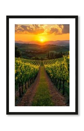 A breathtaking sunset casts golden hues over a sprawling vineyard in Tuscany. Rows of grapevines stretch toward the horizon under a colorful sky, creating a peaceful ambiance