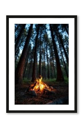 Campfire burning bright in a serene forest at dusk