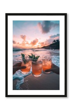 Toasting tropical cocktails at sunset on a beach vacation first person view of hand holding drinks in paradise