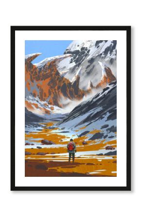 A lone traveler with a red backpack journeys across a surreal orange valley toward massive jagged mountains dusted with snow and shrouded in mist, digital art style, illustration painting