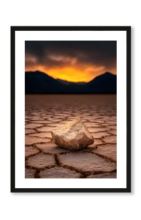 Single Rock on Cracked Salt Flat at Sunset