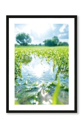 Bright Sunlight on a Lush Green Wetland with Cloud Reflections