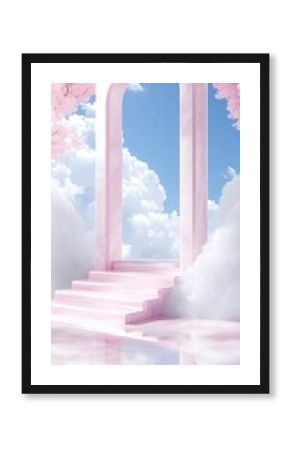 Pastel Pink Archway and Stairs Leading to a Cloudy Sky