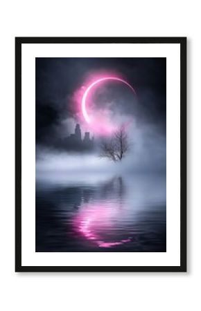 Pink Neon City Skyline at Night with Fog and a Solitary Tree