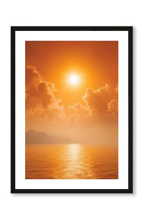 Dramatic UV Index Sky with Intense Sunlight Piercing Hazy Clouds Over Ocean - Climate Change Concept for Environmental Awareness and Global Warming Impact