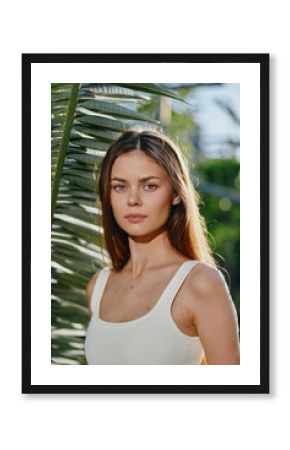 Young woman with long brown hair wearing white tank top standing near palm leaves in soft natural sunlight outdoors, showcasing serene expression and casual style.