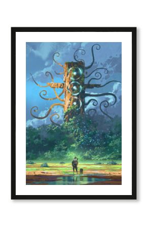 A traveler stands before a massive overgrown pillar with glowing rings and tentacle-like branches deep in an alien forest, digital art style, illustration painting
