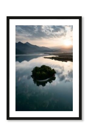 A serene image captures a small, green island nestled in the center of a calm lake, with its reflection mirrored perfectly in the still water