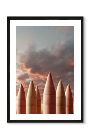 Military Warheads Targeting Sky at Dusk with Dramatic Cloudscape Symbolizing Global Security and Geopolitical Defense Readiness in Modern Defense Industry