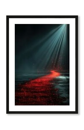 Light beams illuminate a shimmering red pathway across a dark reflective surface at twilight