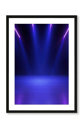 Dark background with lines and spotlights, neon light, night view. Abstract blue background.