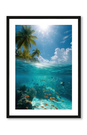 Stunning landscape of a tropical island with lush green vegetation, white sand beach, and fish in turquoise waters, showcasing the beauty of both above and below the ocean surface.
