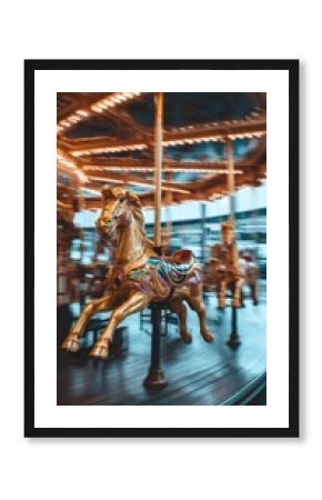 Brightly lit carousel spins with golden horses leaping gracefully. The atmosphere is lively with joyful sounds, creating a fun experience for riders at an amusement park