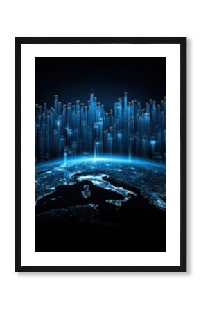 Global Data Visualization Over Europe at Night, Representing International Business and Digital Transformation With a Futuristic Feel : Generative AI